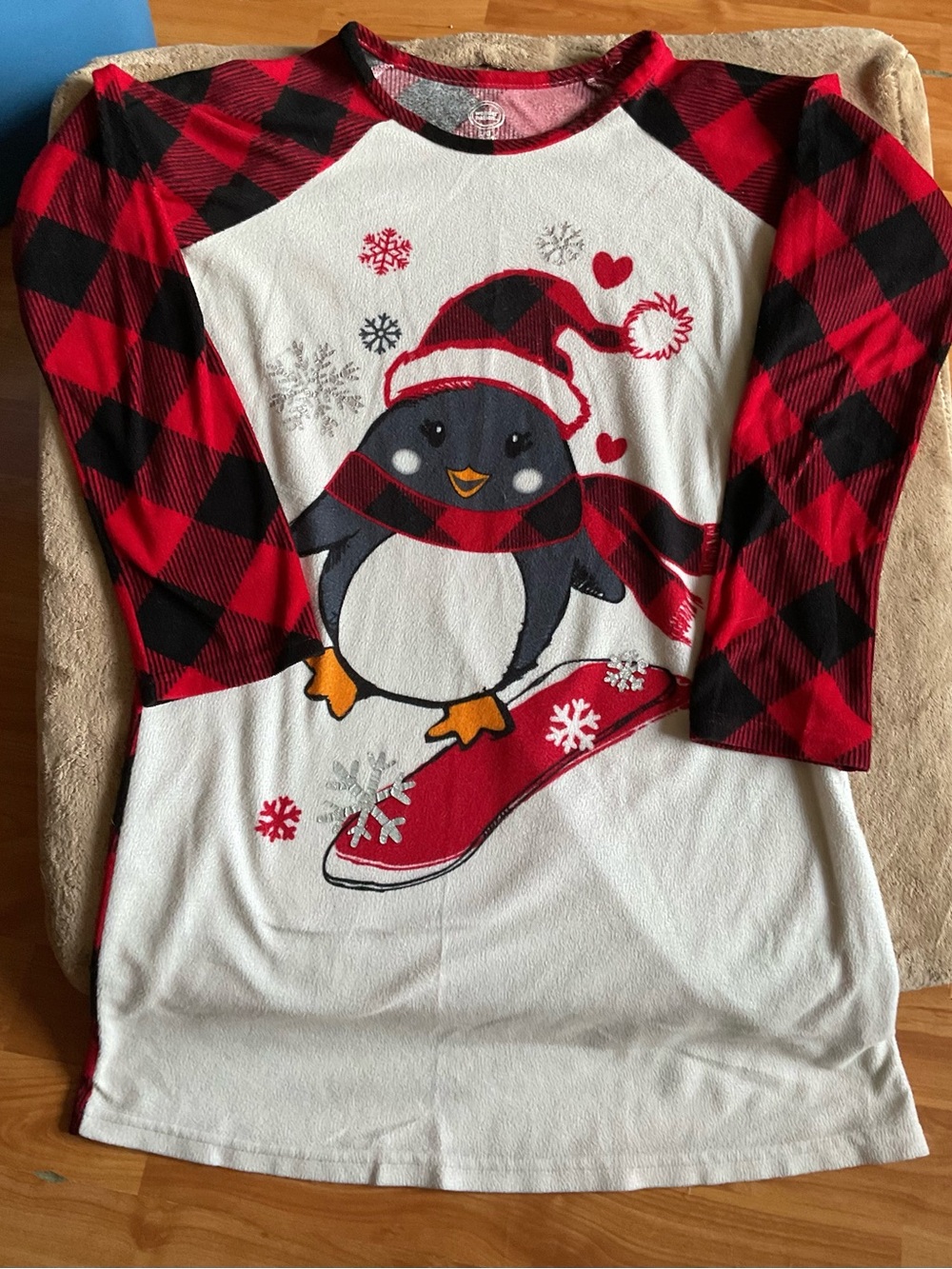 Red & Black Plaid Penguin Long Sleeve Fleece Nightgown